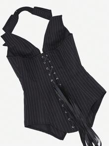 Áo corset, áo crop top kẻ sọc có cổ yếm, khóa kéo phía trước, thân áo corset phong cách cổ điển dành cho nữ, thích hợp biểu diễn trên sân khấu, Halloween - màu đen - Xem 5