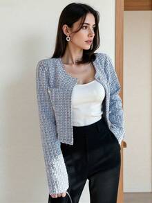 Chaqueta corta de cuello redondo a cuadros para mujer con botones de perlas en la parte delantera, casual y elegante, adecuada para primavera, otoño e invierno. - Azul - Ver 7