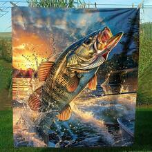 Regalo per pescatori in stile baita - Grande coperta morbida in flanella e pile con motivo dinamico di pesce persico, in comodo poliestere lavorato a maglia, coperta a tema animale per tutto l'anno