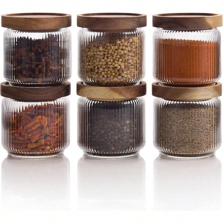 Mason Fable 12 Fl Oz 350ml Glass Food Storage Jars With Wood Lids 6pcs Stylish Ribbed Pattern For Kitchen Organization And Storage Containers For Spice Tea Coffee/Sugar - 12oz350ml6x - Xem 1