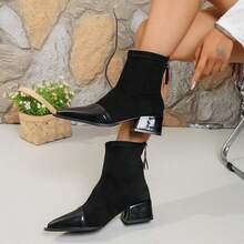 Botas elásticas novas para outono/inverno para mulheres, botas envernizado com patchwork, bico fino e salto grosso, botas de cano curto com zíper traseiro para uso diário para mulheres - Preto - Ver 7
