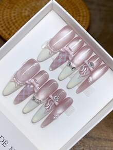 10 片纯手工制作可穿戴指甲长椭圆形指甲形状按压指甲 - 彩色 - 查看 12