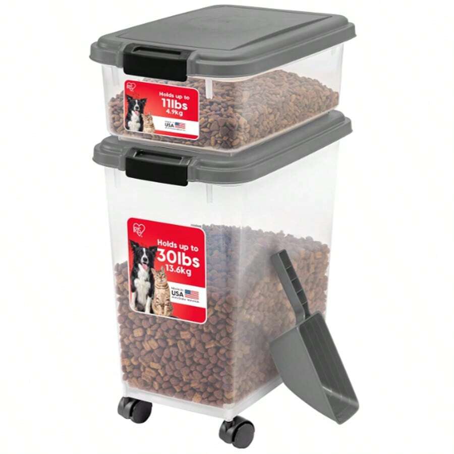 Sealed Double-Layer Pet Food Storage Container With Wheels & Scoop, Stackable Moisture-Proof Dog Cat Food Bin, Christmas Gift For Pets - Màu xám đen - Xem 1