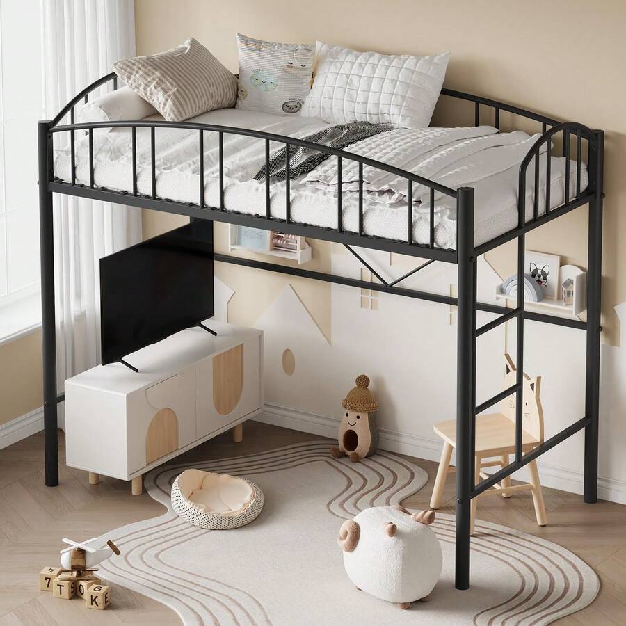 Meiyiu Loft Bed Twin Size With Ladder And High-Arched Guardrail, Sturdy Metal Slats, Space-Saving Design, Modern Decor Style, Easy Assembly, No Box Spring Needed, Sa-Fe For Kids/Adults - màu đen - Xem 1