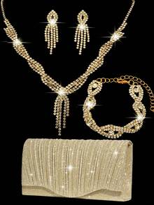 Bộ trang sức đính đá lấp lánh, vòng cổ, bông tai, vòng tay, túi xách phong bì vàng sang trọng, túi cầm tay dự tiệc, đám cưới lãng mạn, túi đeo vai xích xuân/hè, túi cô dâu, túi cầm tay dự tiệc trang trọng, túi đựng váy dạ hội thanh lịch, hoàn hảo cho tiệc cưới, tiệc tối/tiệc tối - Vàng - Xem 2