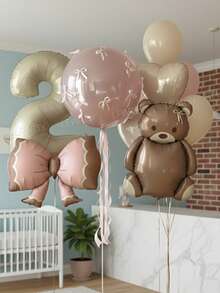 23pcs/Set 40-Inch (Approx. 101cm Height) Cream Color 0-9 Number Balloons, Giant Brown Bear Foil Balloon, Matte Pink Bow Balloons, 18-Inch Macaron Pink Latex Balloons, 24-Inch Clear No-Tie Bubble Balloons, 10-Inch Macaron Pink & Vintage Beige Latex Balloons, Pink Bows, Suitable For Birthday Party Decorations, Baby Shower - Multicolor - View 6