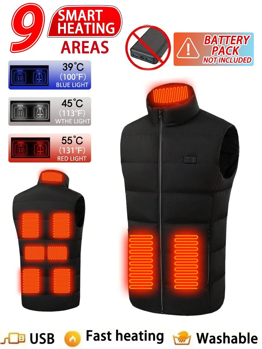 Veste chauffante casual pour hommes de couleur unie avec chauffage à double zone, vêtement d'extérieur chaud pour l'hiver