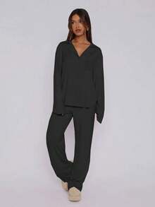 Tuta casual da donna composta da pantaloni diritti e top monopetto a maniche lunghe con bavero, in colore unito, perfetta per l'autunno e l'inverno, comoda per la casa - nero - Visualizzare 2