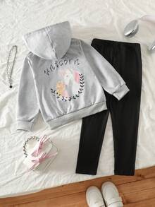2 Stücke/Set Einhorn-Muster Sweatshirt Outfit für Kleine Mädchen, Langarm Kapuzenjacke mit Taschen & Strickjeans, warmer Lässig anzug für Frühling, Herbst, Winter, geeignet für Zuhause, Schule, Park