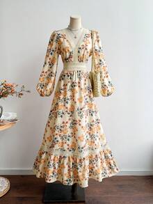 Rusttydustty 波西米亚风女式印花撞色蕾丝V领长袖优雅连衣裙，适合音乐节、斋月及其他场合，春假期间穿着。 - 杏色 - 查看 10