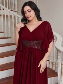 UNITHORSE Plus Size Bridesmaid Dress With Sequin Waist, Ruffle Hem And Side Slit, Chiffon