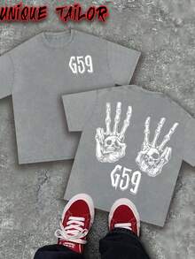 Unique Tailor -230g Double-Sided Washed Cotton, Dark Style Skull Gesture "G59" Printed T-Shirt, High-Quality Wax Printed Cotton Retro Fashion Brand T-Shirt, Men's T-Shirt, Beach Essential, Summer T-Shirt, Holiday Gift, Perfect Gift - 灰色 - 查看 1