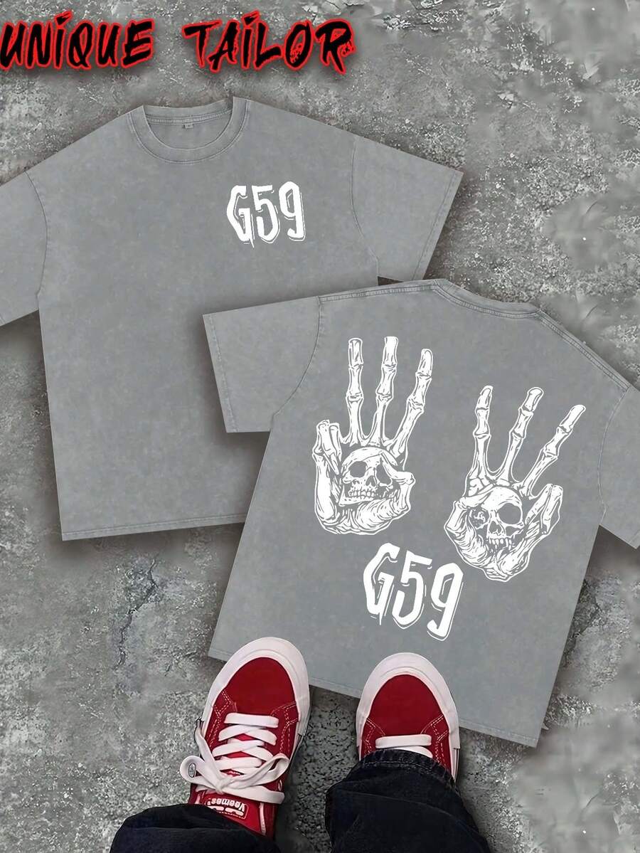 Unique Tailor -230g Double-Sided Washed Cotton, Dark Style Skull Gesture "G59" Printed T-Shirt, High-Quality Wax Printed Cotton Retro Fashion Brand T-Shirt, Men's T-Shirt, Beach Essential, Summer T-Shirt, Holiday Gift, Perfect Gift - 灰色 - 查看 1