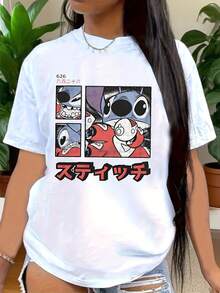 Stitch T-Shirt, Stitch Floral Pattern Shirt,  Stitch And Butterflies Print Shirt,  Cartoon Stitch Top,  Stitch Ohana Pattern T-Shirt, Suitable For Birthday Gifts, Ideal For Holiday Party, Sports And Travel, 220g - trắng - Xem 1