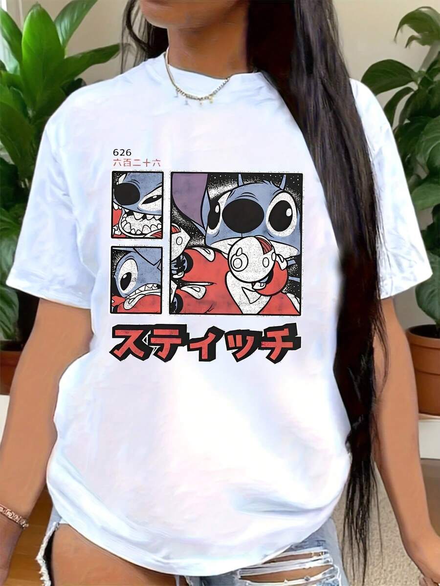 Stitch T-Shirt, Stitch Floral Pattern Shirt,  Stitch And Butterflies Print Shirt,  Cartoon Stitch Top,  Stitch Ohana Pattern T-Shirt, Suitable For Birthday Gifts, Ideal For Holiday Party, Sports And Travel, 220g - trắng - Xem 1