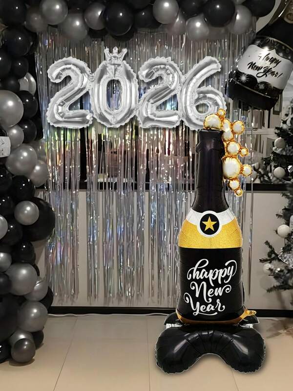 kumozawa 2 szt. - Balon foliowy w kształcie szampana z motywem "Szczęśliwego Nowego Roku 2026" ze srebrnym, połączonym balonem "2026", odpowiedni do dekoracji imprezy noworocznej 2026, balony dekoracyjne na imprezę sylwestrową, akcesoria na imprezę sylwestrową, dekoracja na imprezę sylwestrową 2026, odpowiedni na rodzinne spotkanie noworoczne 2026