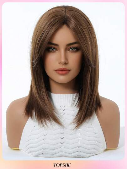 Tóc giả thẳng TOPSHE 14 inch thanh lịch dành cho nữ, màu nâu, lưới màu hồng, sợi tổng hợp chịu nhiệt cao, tóc giả bện nhiều lớp chịu nhiệt, phụ kiện tóc giả, phù hợp cho sử dụng hàng ngày, dự tiệc, cosplay.