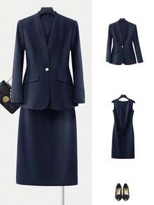 Women's Slim Fit Single-Breasted Long Sleeve Blazer And Sleeveless Dress Suit Set, Lightweight For Commuting