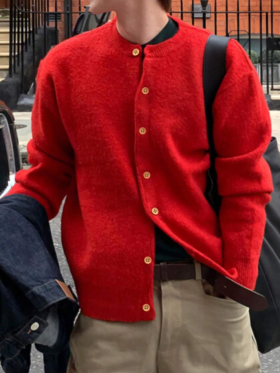 Unisex Casual Solid Color Round Neck Button Up Long Sleeve Cardigan Sweater, Suitable For Autumn/Winter, Christmas - Đỏ - Xem 1