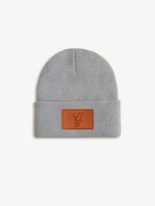 1pc Baby Leather Patch Vintage Letter Decor Grey Beanie, Choose From 26 Letters, Soft & Comfortable Unisex Infant Autumn/Winter Warm Hat, Suitable For Holidays, Birthdays, Daily Wear - Grey - View 34