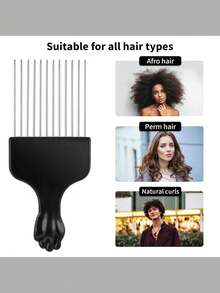 长款黑色金属拳头形非洲式梳子，黑色发梳，适合卷曲浓密头发，男女通用沙龙造型工具，情人节、感恩节的绝佳礼物