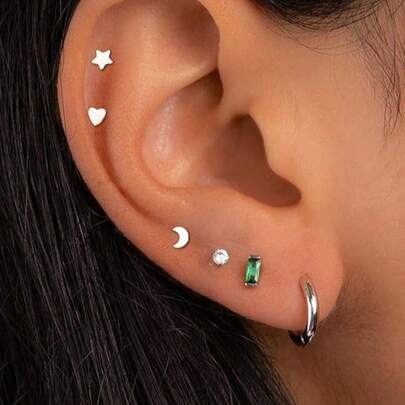 5 Stücke 316 Edelstahl 16G Körperschmuck Set mit perforiertem Innengewinde, multifunktional für Lippe/Zunge/Ohr, Herz-/Rund-/Stern-förmig perforiert