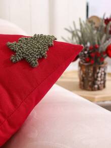 1 pieza Funda de cojín decorativa navideña, bordado de árbol de Navidad y copos de nieve en lienzo de terciopelo, decoración rústica para sala de estar, dormitorio, sofá, regalo navideño