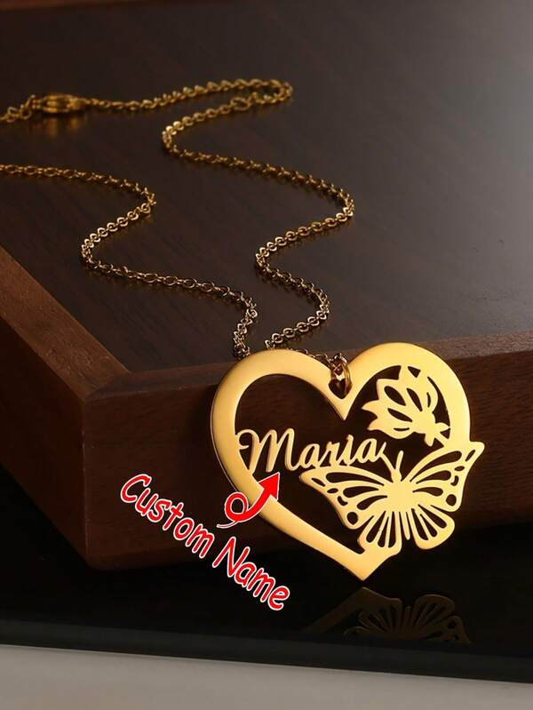 1 pieza Collar personalizado con colgante de corazón y mariposa dorados - Elegante colgante de acero inoxidable con nombre personalizado, diseño de loto, regalo de cumpleaños o Navidad