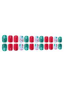 Un conjunto de 24 pegatinas cuadradas cortas de uñas rojas y verdes, con motivos como bastón de caramelo, reno brillante, árbol de Navidad, etc. Estas pegatinas de uñas vienen en varios colores, incluyendo uñas rojas, pegatinas de uñas, uñas navideñas, y son adecuadas para que las mujeres las usen en reuniones, citas, bailes de graduación, etc. También son una excelente opción como regalos de Año Nuevo: ¡pueden realzar enormemente tu encanto!