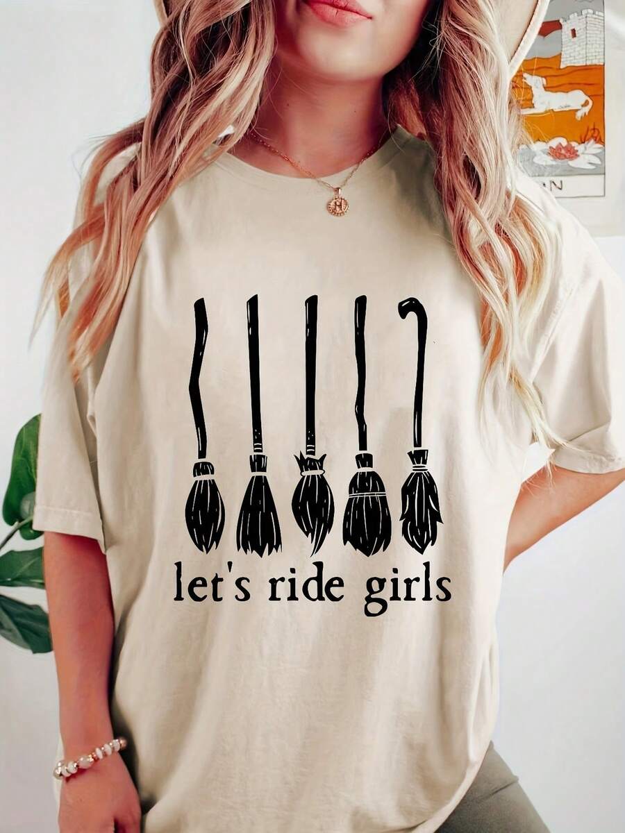 Unisex Let's Ride Girls Witches Broomstick T-Shirt - White - View 1