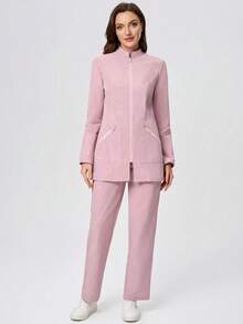 بدلة بنطلون ذات طوق عالي وجيوب متعددة وسحاب أكمام طويلة، بتصميم أنيق وأنيق لزي العمل للنساء، مناسبة للتمريض والعيادات الطبية ومراكز الأمومة، طقم مكون من قطعتين - وردي - مشاهدة 7