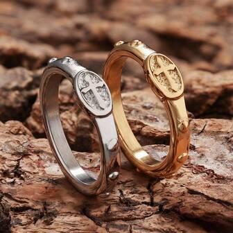 1 Piece Fashion Stainless Steel18K Gold Plated God Blessing Rosary Chruch Cross Band Ring For Girls Women