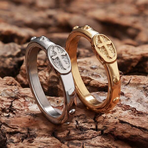 1 pezzo Anello a fascia in acciaio inossidabile placcato oro 18K con croce e rosario, benedizione di Dio, per ragazze e donne