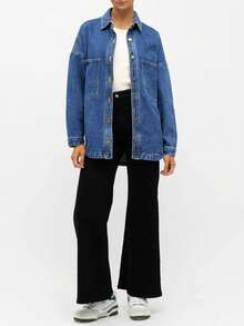 2026 Women Denim Shirts Oversized Long Sleeve Button Down Blouse Distresse Jean Jacket Spring Outfits - Màu xanh lam - Xem 6