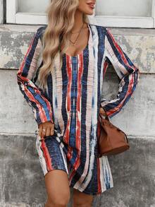 Vestido casual de mujer con cuello en V, mangas con volantes y estampado de rayas suelto