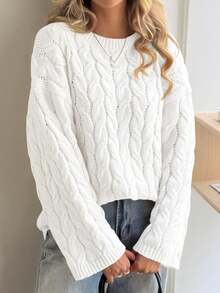 Womens Chunky Cable Knit Sweaters Oversized Long Sleeve Crewneck Pullover Tops Casual Fall Winter Workout Outfits - trắng - Xem 2