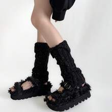 Fashionable And Versatile Sock Covers For Autumn And Winter, New Products With Folded Edges, Loose And Thick Threads, Warm Mid Leg Covers, Retro And Versatile - 黑色 - 查看 11