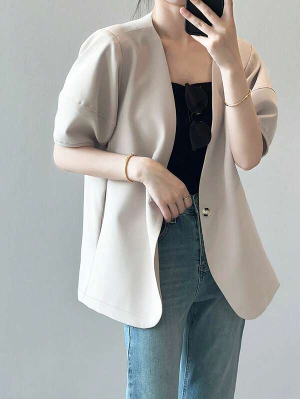 Women's Fashion Button & Pocket Puff Sleeve Blazer, Spring/Summer