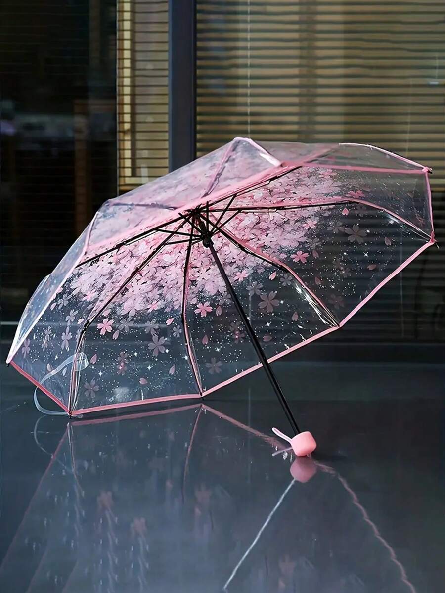 1 件透明樱花图案折叠伞，8 骨休闲轻便便携式雨具，印花自动棒旅行伞，浪漫雨具，适合男女在雨天和晴天户外活动 - 彩色 - 查看 1