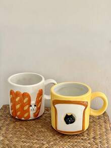 1pc Korean Ins Style Ceramic Mug, Cute Baguette Toast Cat Cup, Couple Breakfast Cup, Water/Milk/Coffee Cup