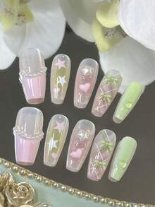 仙女甜美风10片装长棺材形纯手工精致佩戴手绘爆闪晕染渐变猫眼粉色法式白绿条纹格子星星爱心立体滴胶玻璃珠绿色蝴蝶结爱心星星仿珍珠假指甲饰品指甲饰品闪亮美甲产品可拆卸指甲美甲用品手工按压式指甲 - 彩色 - 查看 4