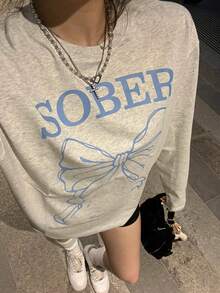 女士宽松棉混纺蝴蝶结字母印花长袖T恤，百搭春秋季 - 淺花灰 - 查看 4