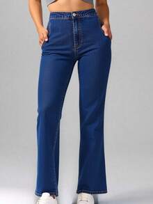 Jeans Mujer High Waist Flare Mezclilla Ultra Elástica Corte Ajustado en Cadera Acampanado - Azul Marino - Ver 2