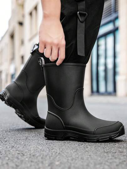 女士雨靴，条纹工装风PVC（聚氯乙烯）户外女士防水抽绳靴，四季防水靴，黑色中筒防水鞋，格子图案女士雨靴，男士户外工作防水靴，橡胶靴