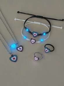 ATLVXJL 6件套夜光情侣/友谊爱心、彩虹、双心吊坠项链、手链、戒指套装，休闲佩戴及情人节礼物 - 彩色 - 查看 3