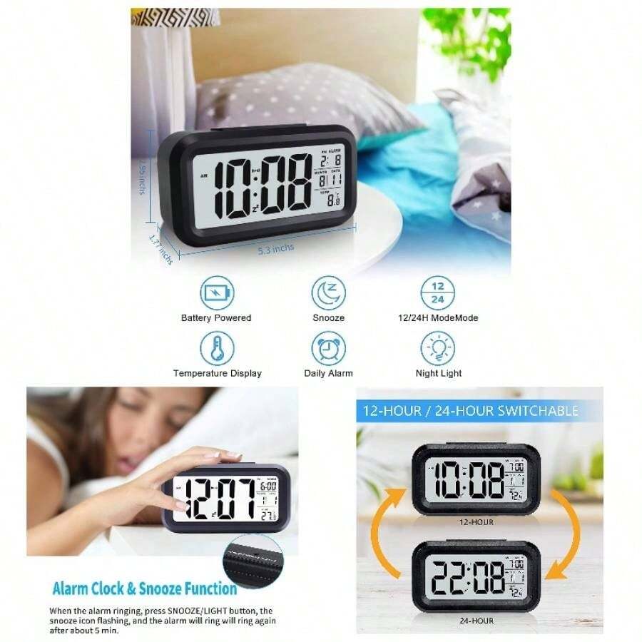 Reloj Despertador Digital, Reloj Despertador con Pantalla, Despertadores Electrnicos con Funcin Snooze, Temperatura, 1224 H, Reloj Despertador Junto a La Cama para El Dormitorio De La Oficina En Casa - Negro - Negro - Ver 1