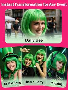 短直发合成纤维波波头假发，带刘海 - 多种颜色可选，适合日常佩戴、万圣节派对、圣诞节、节日、音乐会、电影、游戏、超级英雄装扮、时尚主题活动，外观自然，新手友好，是馈赠佳品，舞台表演配饰，Y2K风格假发，粉彩色刘海假发