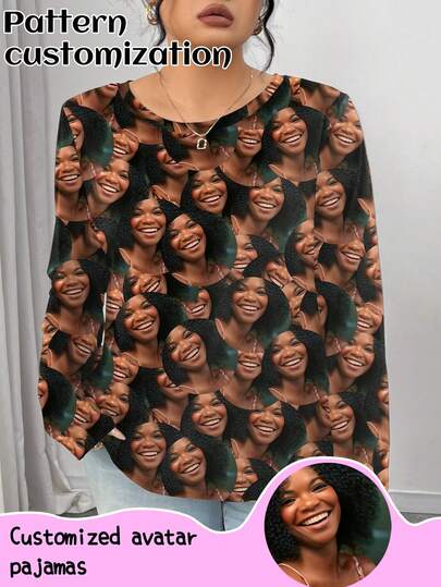 Custom Graphic Plus Size Casual Top, Women's All-Over Print Long Sleeve Crew Neck Loungewear Top, Suitable For Autumn, Winter
