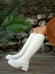 Cizme de damă peste genunchi cu talpă groasă și toc gros, stil western nou, fermoar lateral, cizme de călărie la modă pentru sărbători