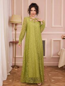 女士圆领镂空领口设计，珍珠点缀，串珠工艺，优雅长袖蕾丝连衣裙，适合日常穿着、约会、休闲场合，春季必备 - 綠色 - 查看 6